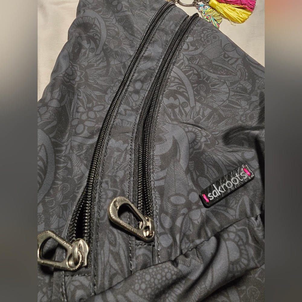 Sakroots Dark Gray Patterned Crossbody Sling Bag with Multicolor Tassel - Picture 2 of 7
